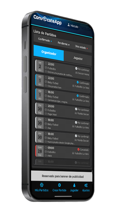 Pantalla de lista de partidos ConvocateApp