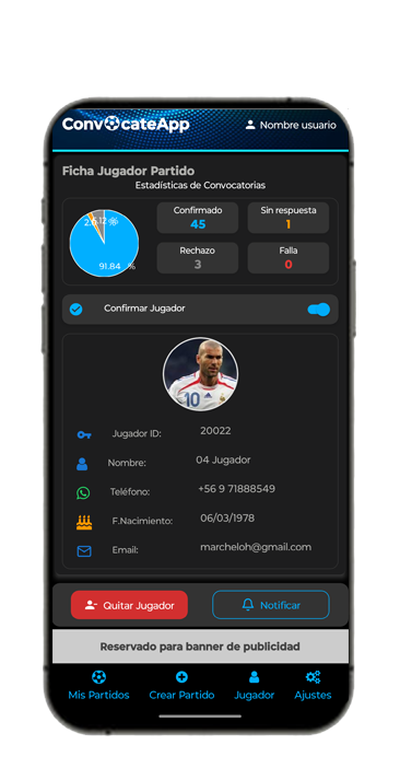 Pantalla de estadísticas de jugador ConvocateApp