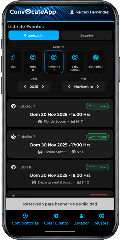 Pantalla de creación de partido ConvocateApp