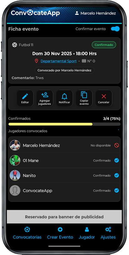 Pantalla de selección de contactos ConvocateApp