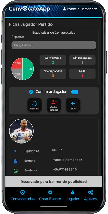 Pantalla de estadísticas de partido ConvocateApp